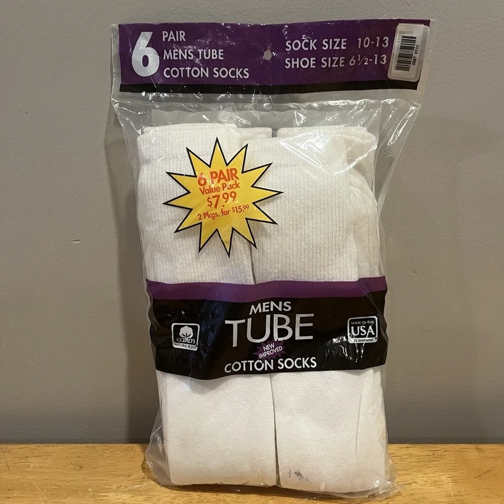 Payless Vintage Men's Tube Socks Crew Length 6 Pair Made In USA Cotton Blend NOS